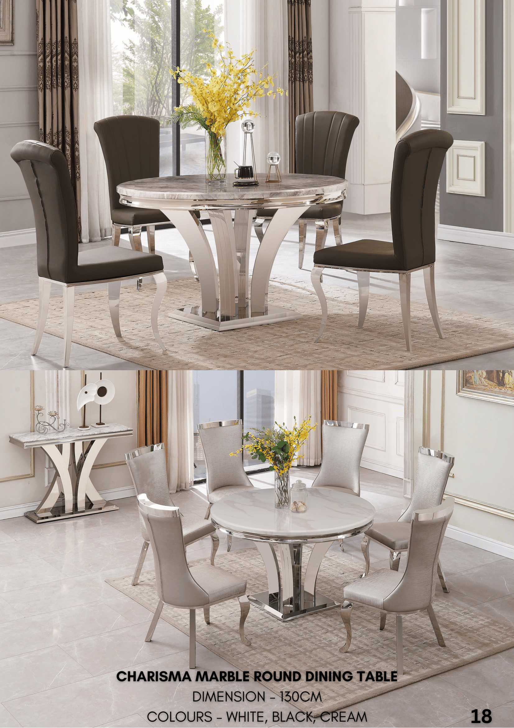 Charisma round marble dining table with four chairs for contemporary dining rooms.