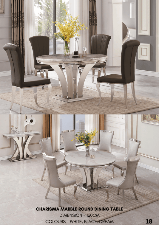 Charisma round marble dining table with four chairs for contemporary dining rooms.