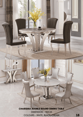 Charisma round marble dining table with four chairs for contemporary dining rooms.