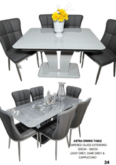 Extendable dining table with six chairs offering flexibility and stylish functionality.