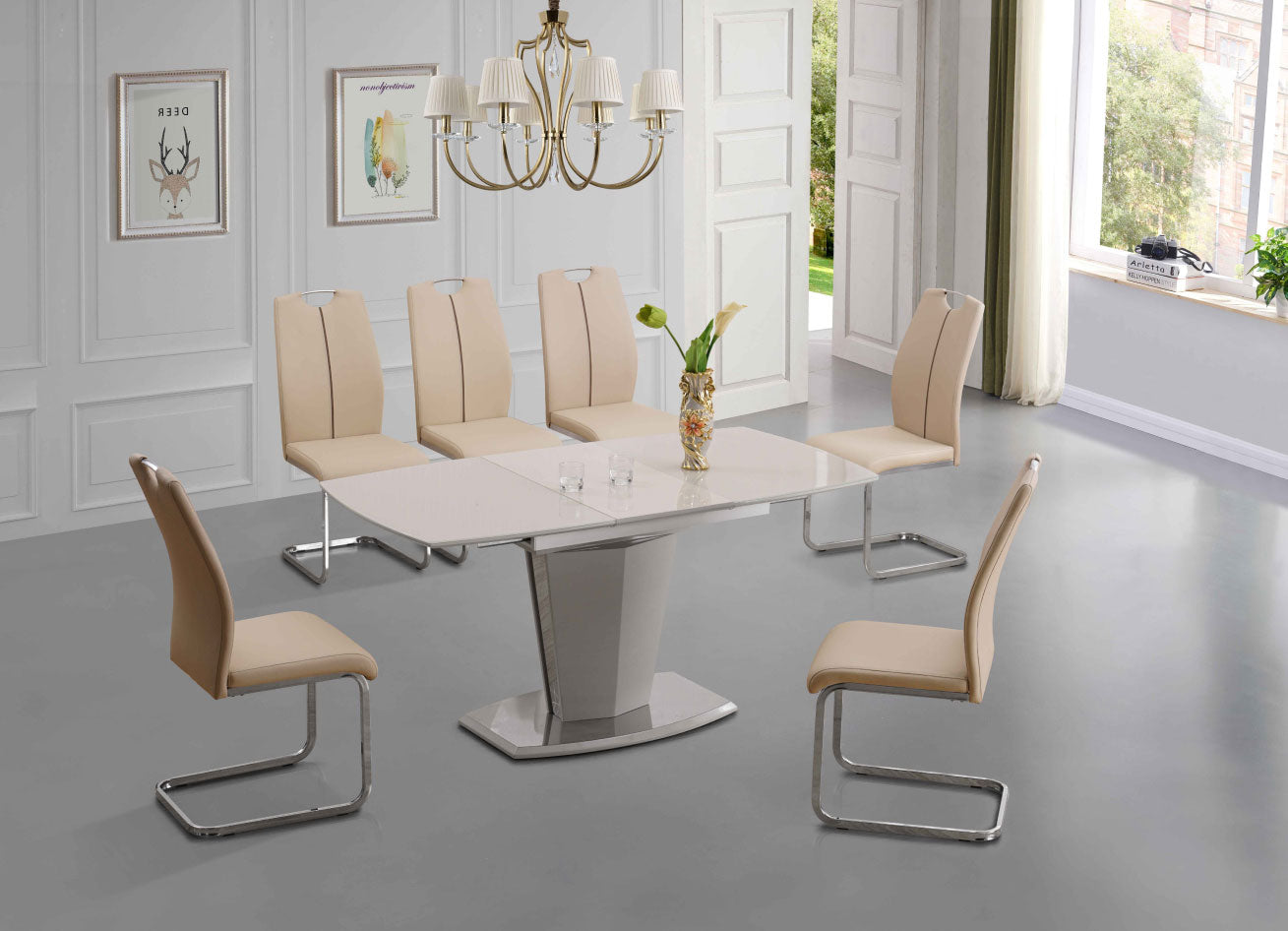 Marble dining table with six chairs featuring elegant design and comfortable seating.