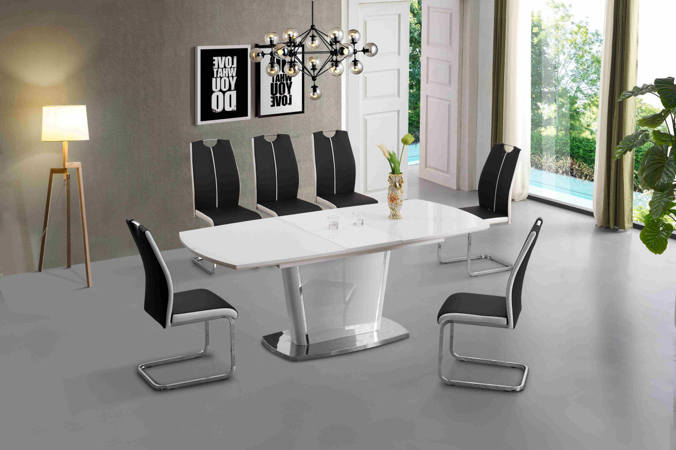 Marble dining table with six chairs featuring elegant design and comfortable seating.