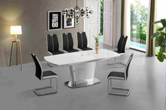 Marble dining table with six chairs featuring elegant design and comfortable seating.