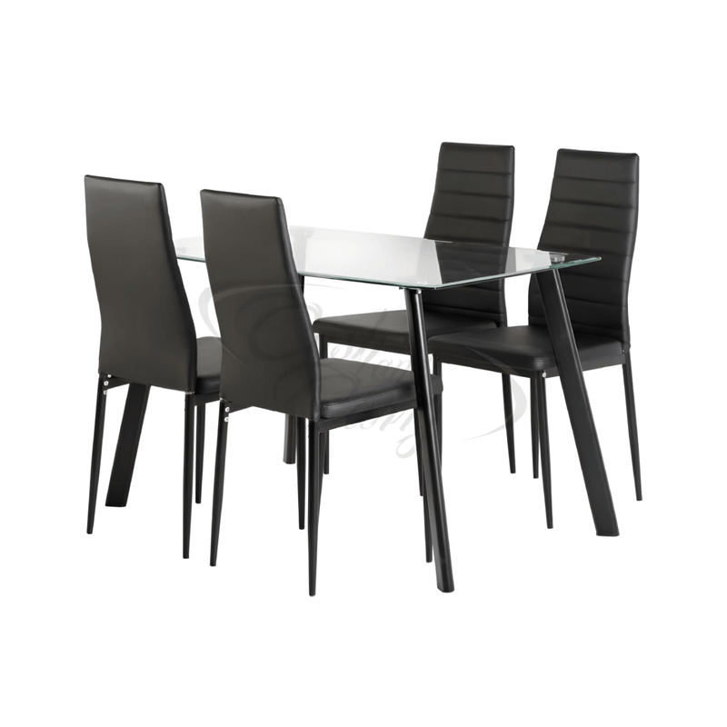 Abbey Dining Set with clear glass table and black PU dining chairs.