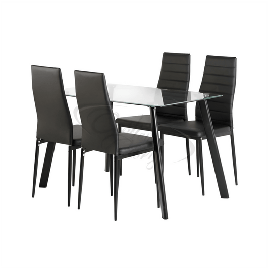 Abbey Dining Set with clear glass table and black PU dining chairs.