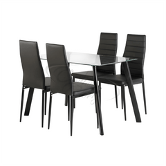 Abbey Dining Set with clear glass table and black PU dining chairs.