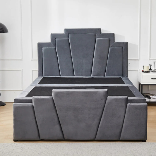 The Art Deco bed offers luxurious design with the practicality of an ottoman storage base