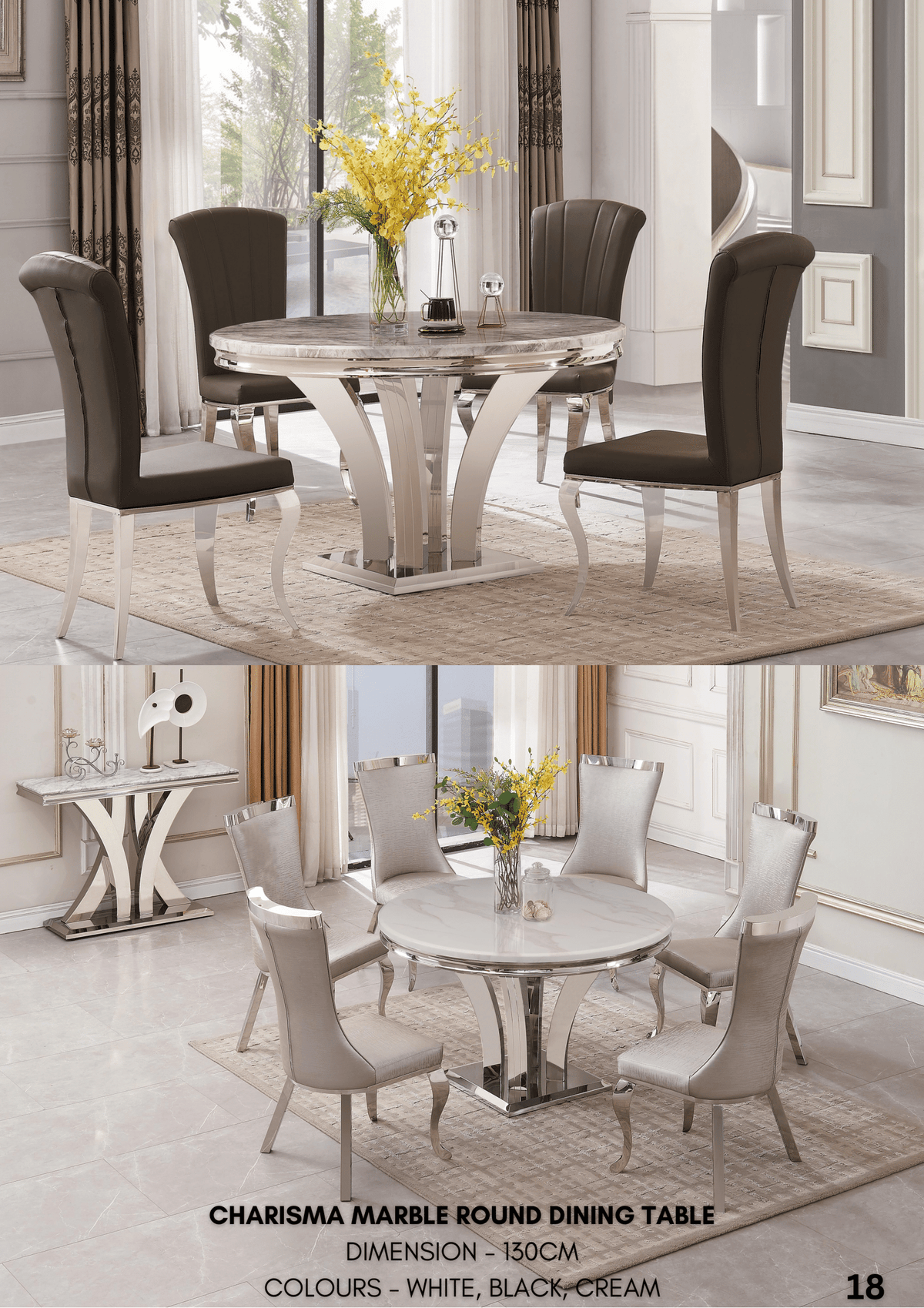 Charisma round marble dining table with four chairs for contemporary dining rooms.