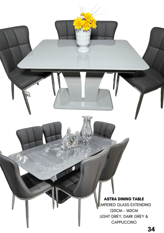 Extendable dining table with six chairs offering flexibility and stylish functionality.
