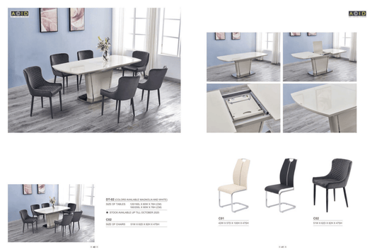 Sintered stone extendable dining table with six chairs for modern dining spaces.
