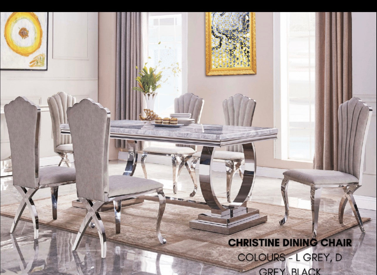 Bravia marble dining table with chairs combining sophistication and durable construction.