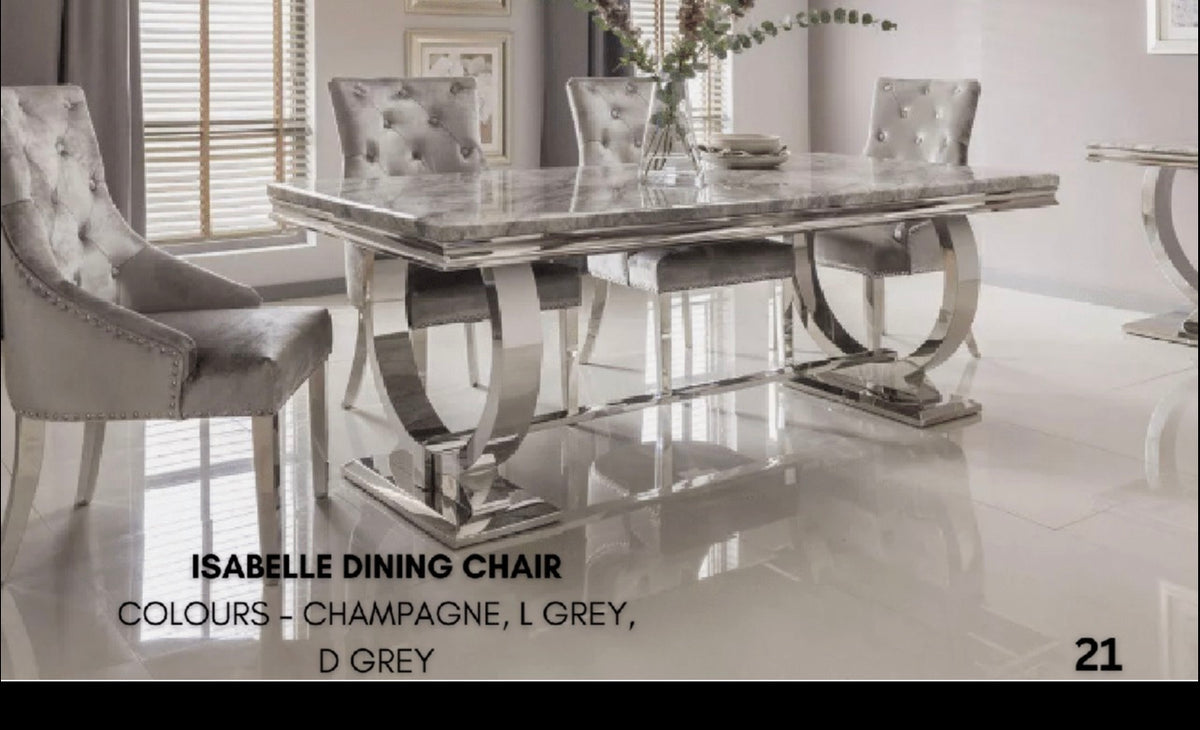 Charisma original marble dining table with plush velvet chairs and elegant styling.Charisma original marble dining table with plush velvet chairs and elegant styling.