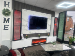 Modern media wall with TV space, storage, and stylish design.
