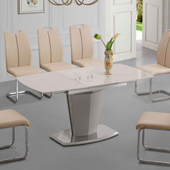 Marble dining table with six chairs featuring elegant design and comfortable seating.