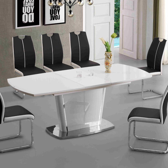 Marble dining table with six chairs featuring elegant design and comfortable seating.