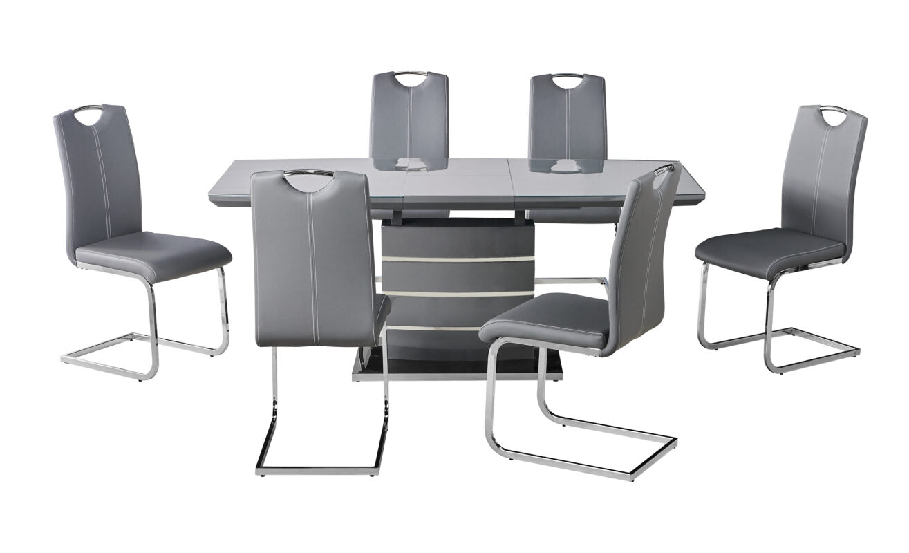 Marble dining table with six chairs featuring elegant design and comfortable seating.