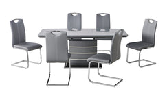 Marble dining table with six chairs featuring elegant design and comfortable seating.