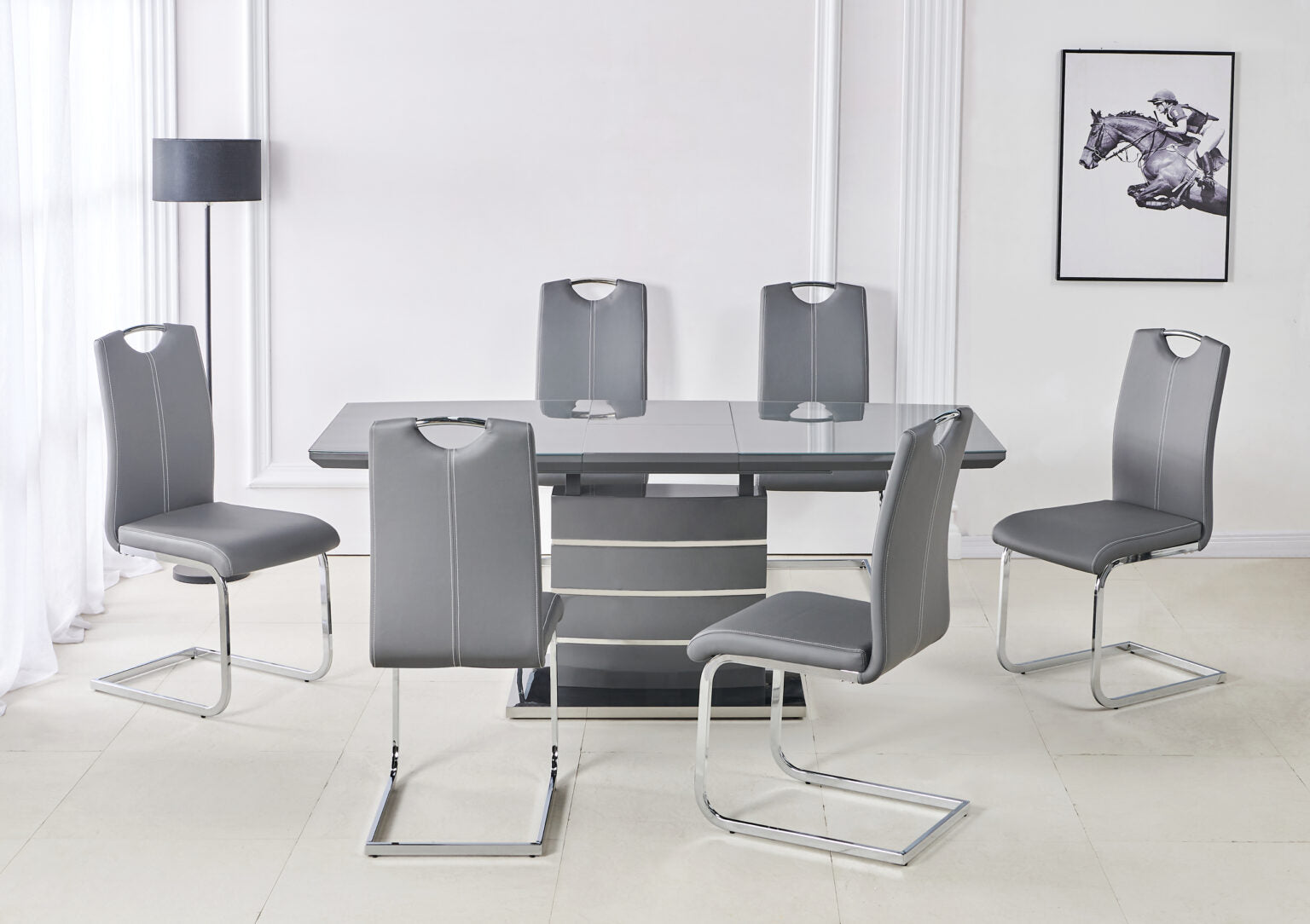 Marble dining table with six chairs featuring elegant design and comfortable seating.