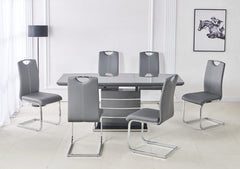 Marble dining table with six chairs featuring elegant design and comfortable seating.