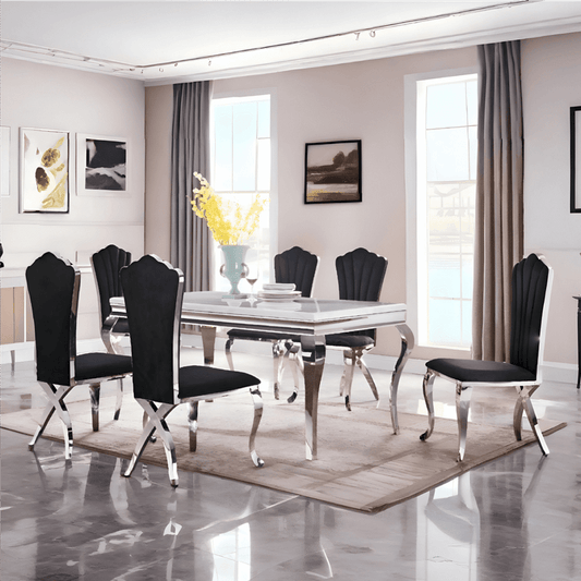 Alana original marble dining table with chairs featuring luxury design and comfort.