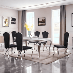 Alana original marble dining table with chairs featuring luxury design and comfort.