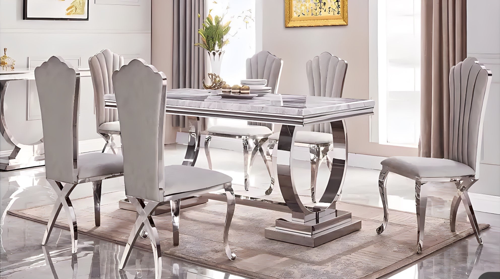 Bravia marble dining table with chairs combining sophistication and durable construction.