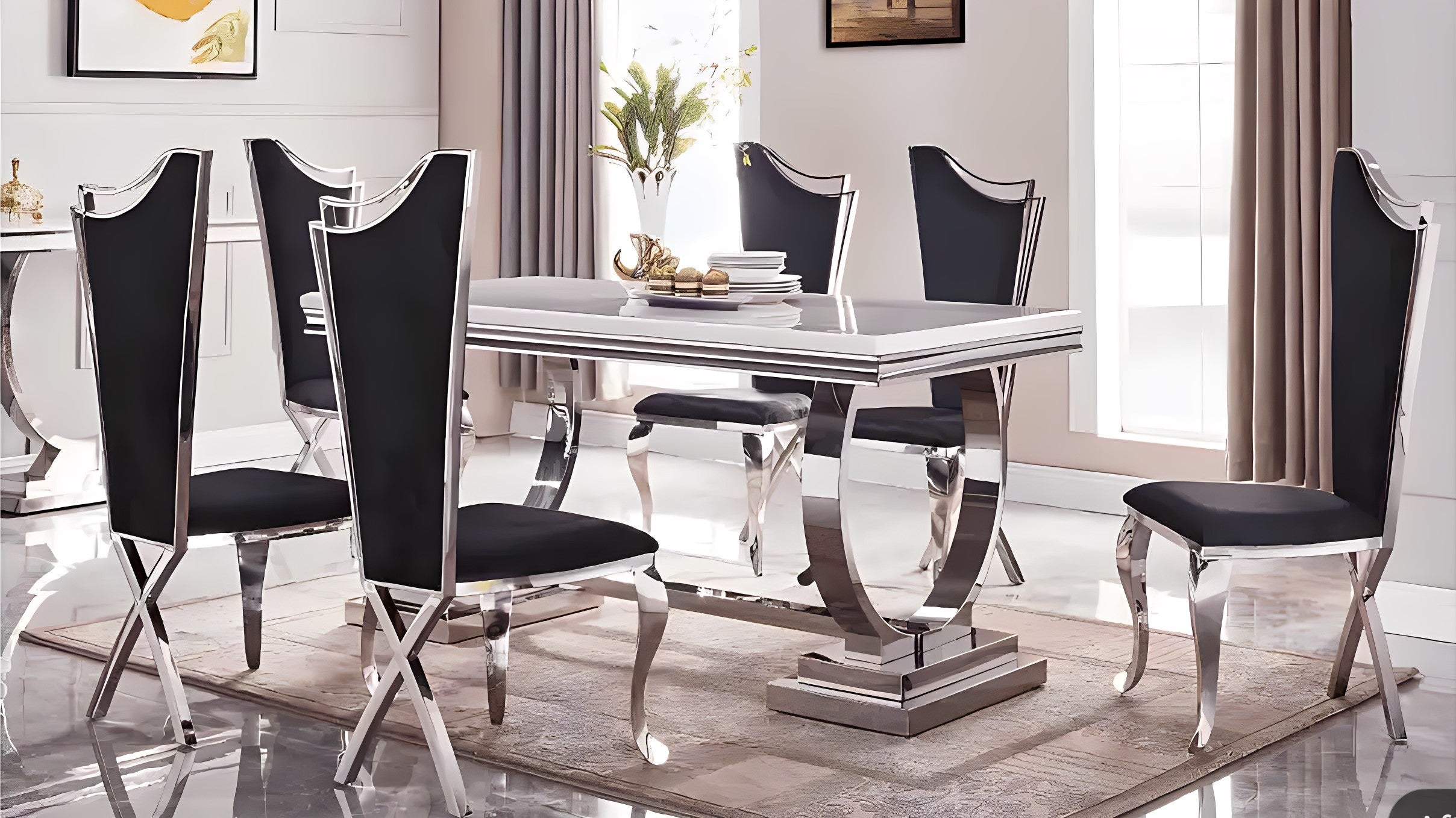 Bravia marble dining table with chairs combining sophistication and durable construction.