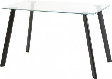 Abbey Dining Set with clear glass table and black PU dining chairs.